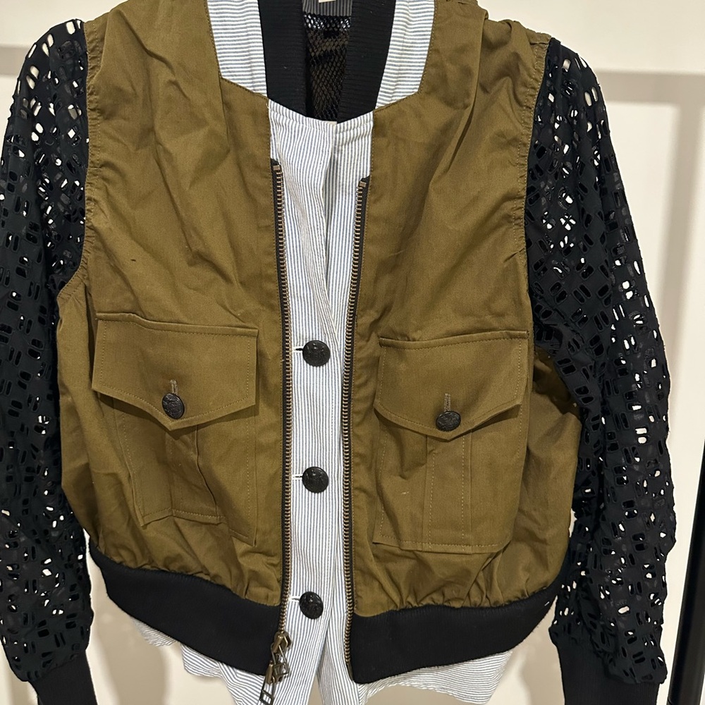 Veronica Beard Olive Women’s Bomber Jacket with Black Lace Sleeves